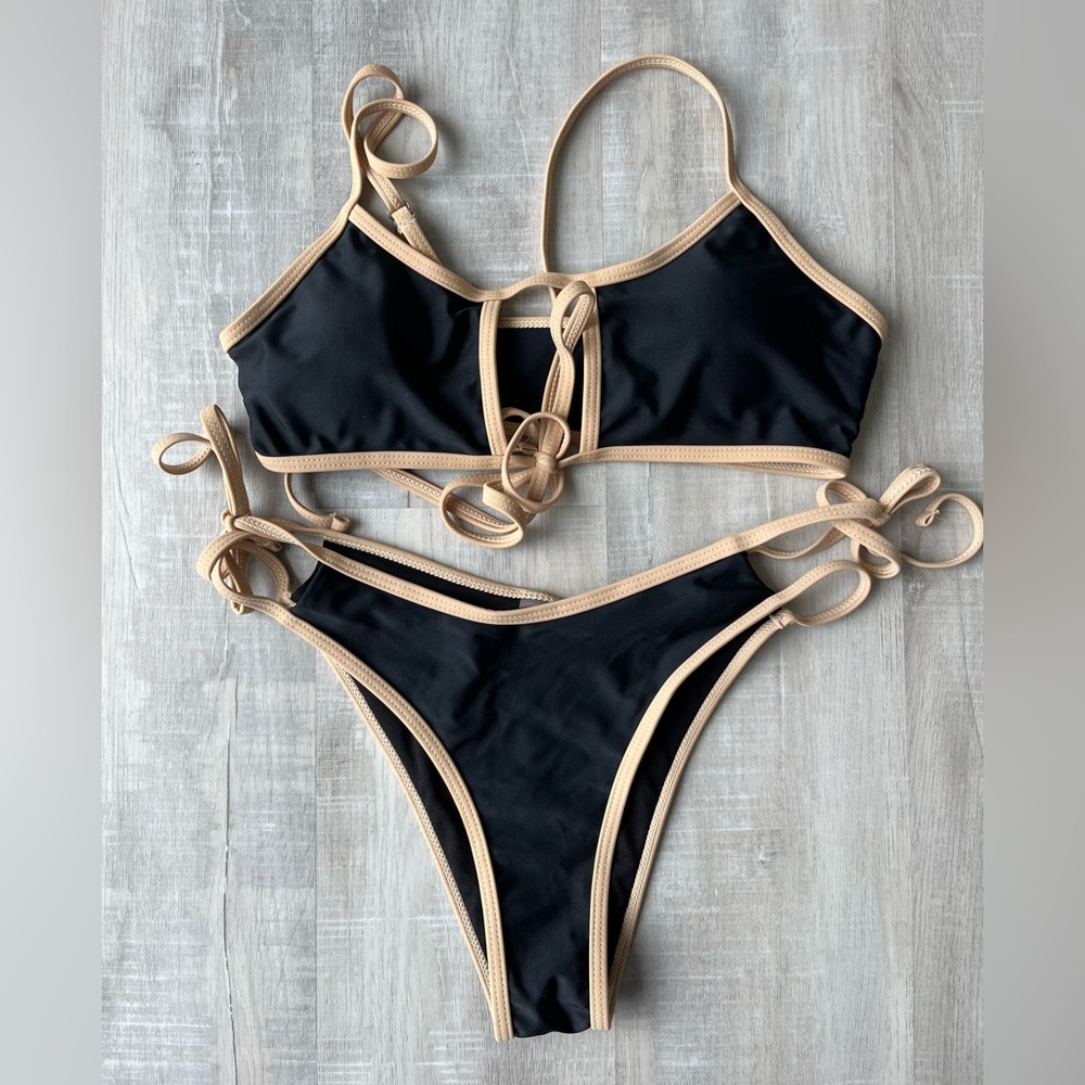 SHEIN Black and Tan Bikini Set Top w/Removable Pads & High Cut Bottoms Size S